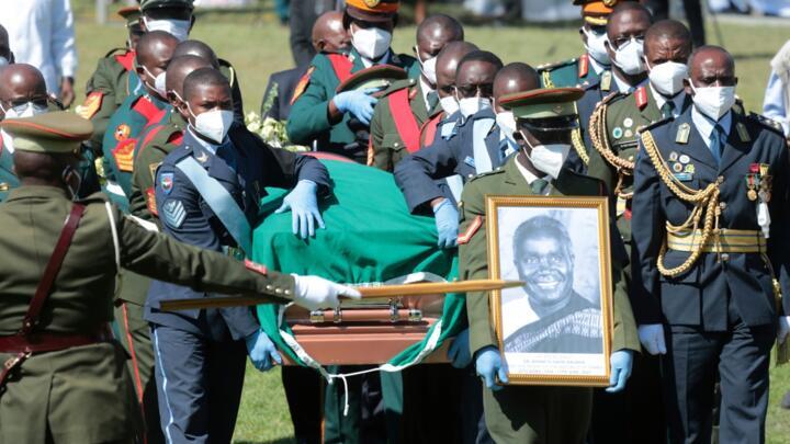 Pallbearers carry the coffin of Kenneth Kaunda, founding President of Zambia, during his state funeral, in Lusaka, Zambia, July 2, 2021.